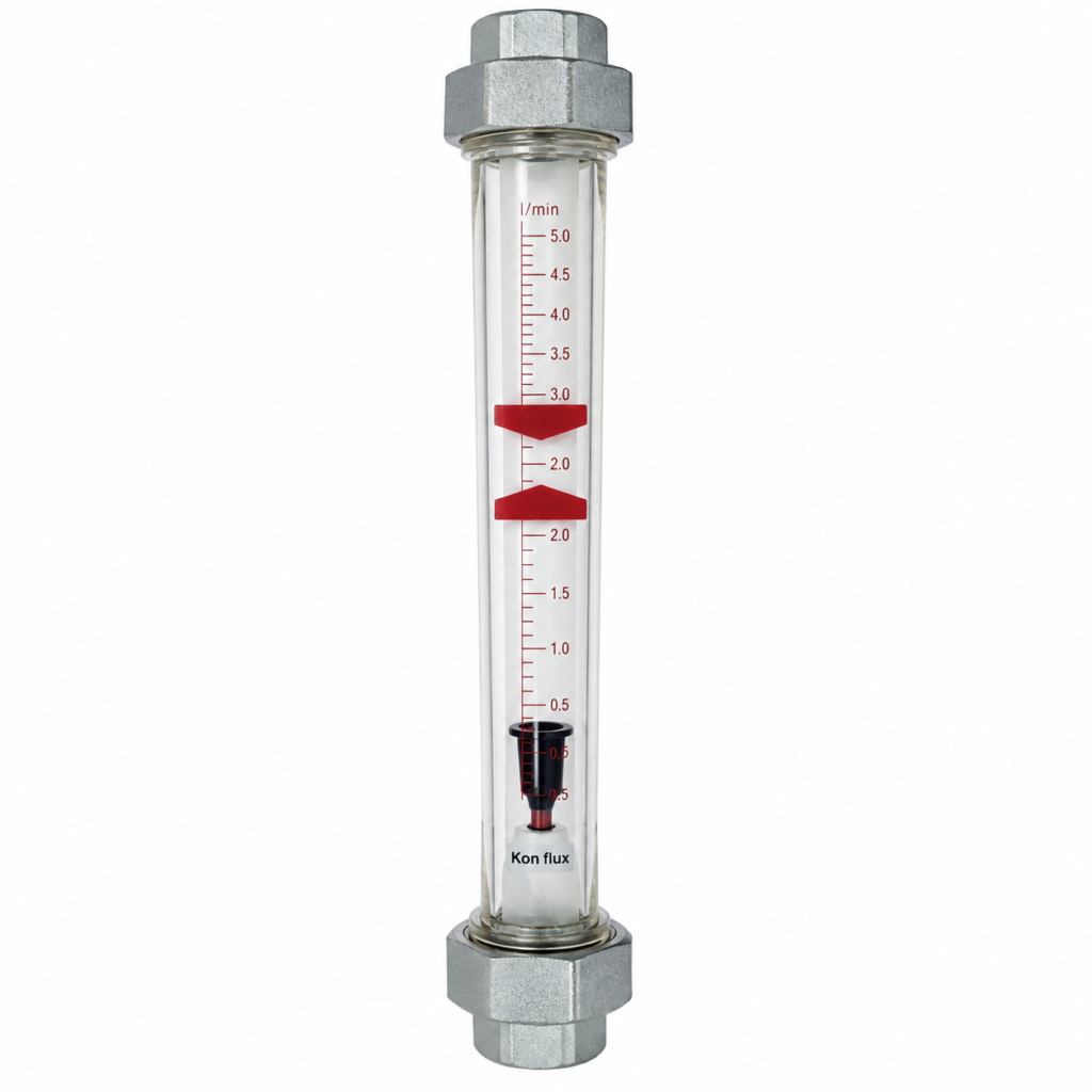 Transparent Flow Indicator Switch GKL with a vertical flow tube, graduated L/min scale, red flow indicators, and metal threaded end fittings for visual flow monitoring.