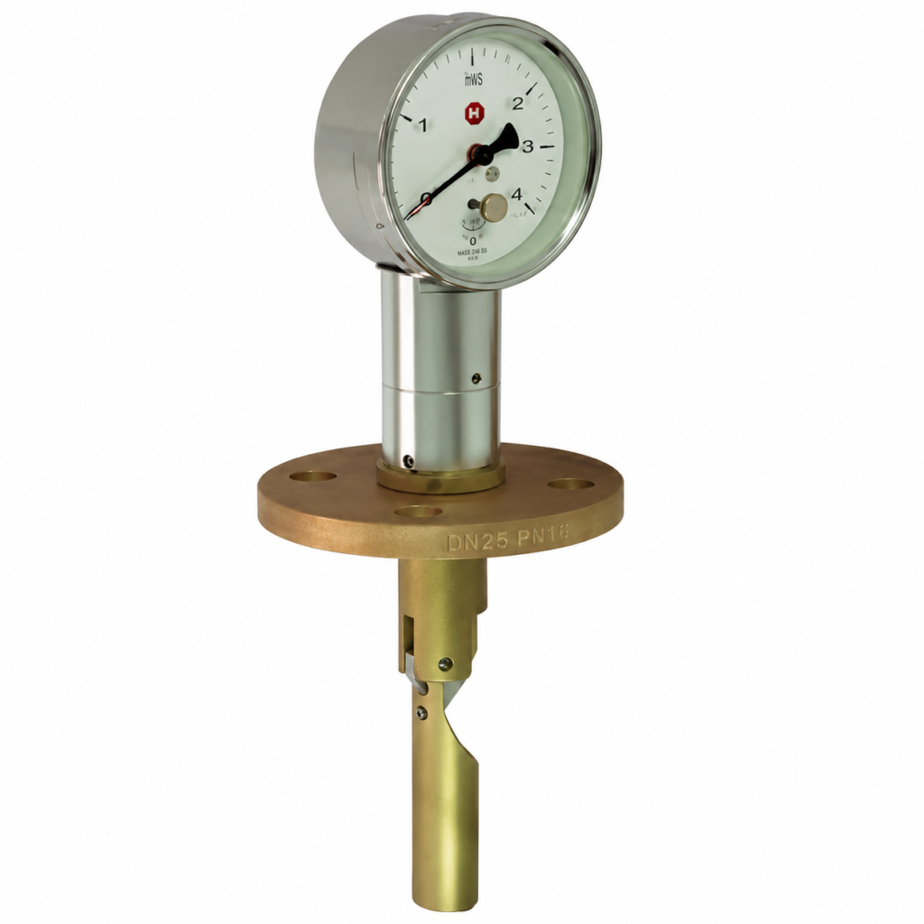 Flow measuring device TZ1-…E with an analog dial indicator, flange mounting, and insertion probe for monitoring liquid flow in pipelines.