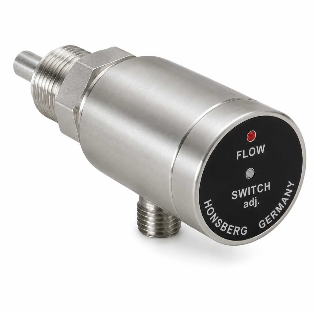 Stainless steel EFK2 flow monitor with threaded process connection, cylindrical housing, and front status display for flow switch indication.