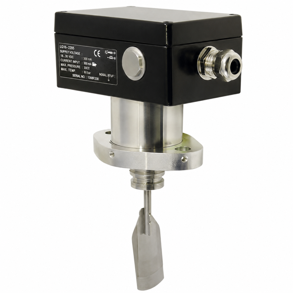 Flow Monitor UBX-032 with a black control housing, stainless steel flange-mounted body, and paddle-style sensing element for industrial liquid flow monitoring.