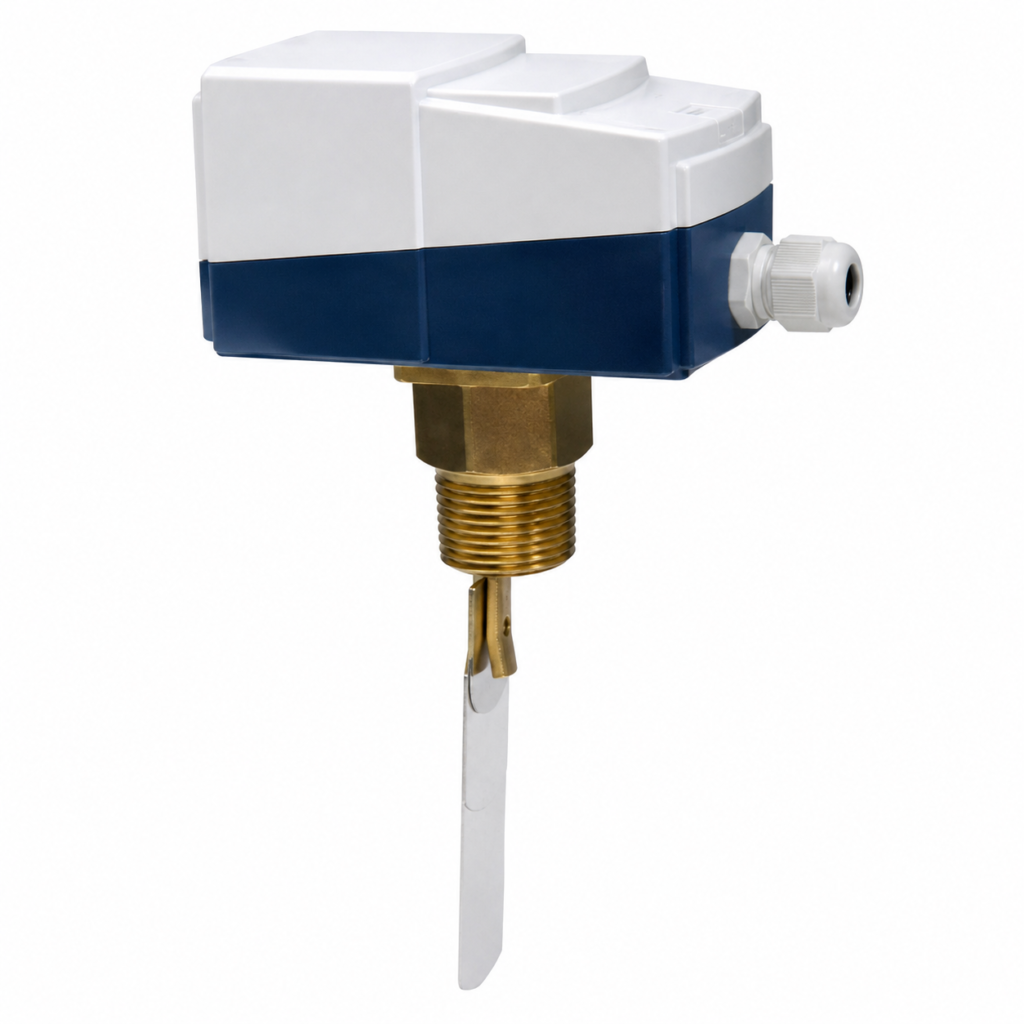 Flow switch CRE with a compact housing, threaded brass process connection, and stainless steel paddle sensor for liquid flow monitoring.