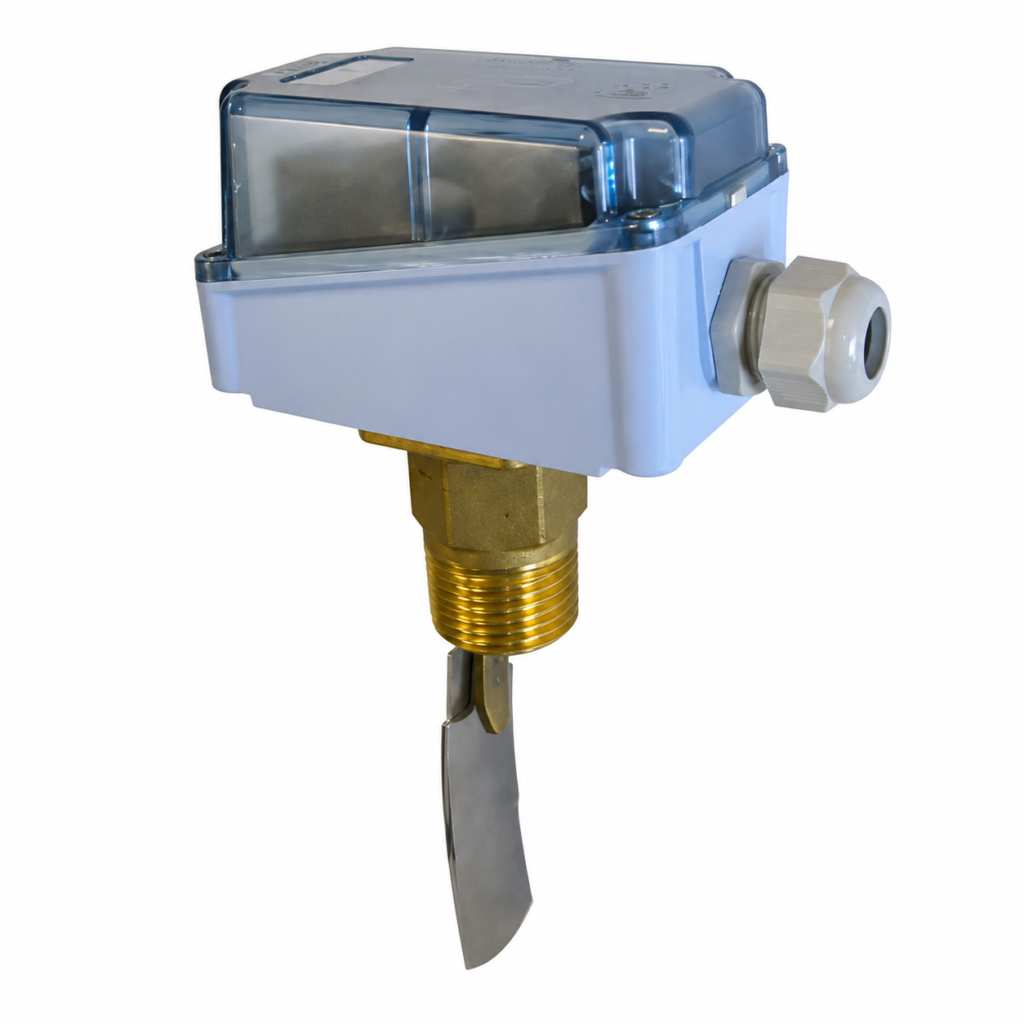 Flow Switch CRG with a compact enclosure, brass threaded connection, and stainless steel paddle sensor for reliable liquid flow detection.