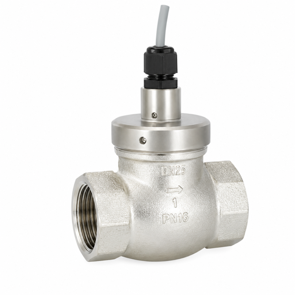 Flow Switch FF with a compact stainless steel inline body, threaded female process connections, and top-mounted electronic sensing head with cable gland, designed for reliable flow monitoring and switching in industrial liquid systems.