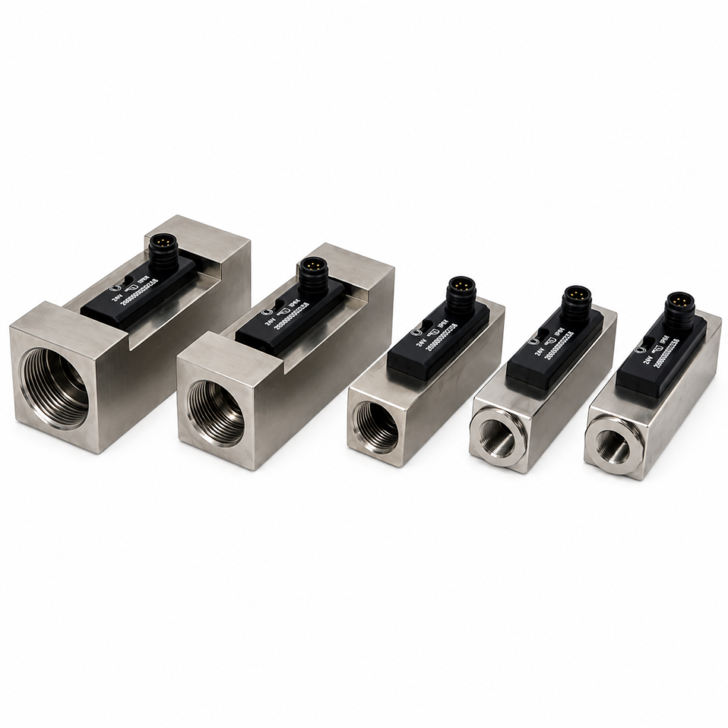 Five FW1-...GM inline flow switches with stainless steel bodies in different sizes, each featuring a compact electronic sensor with an M12 connector for reliable liquid flow monitoring in industrial process applications.