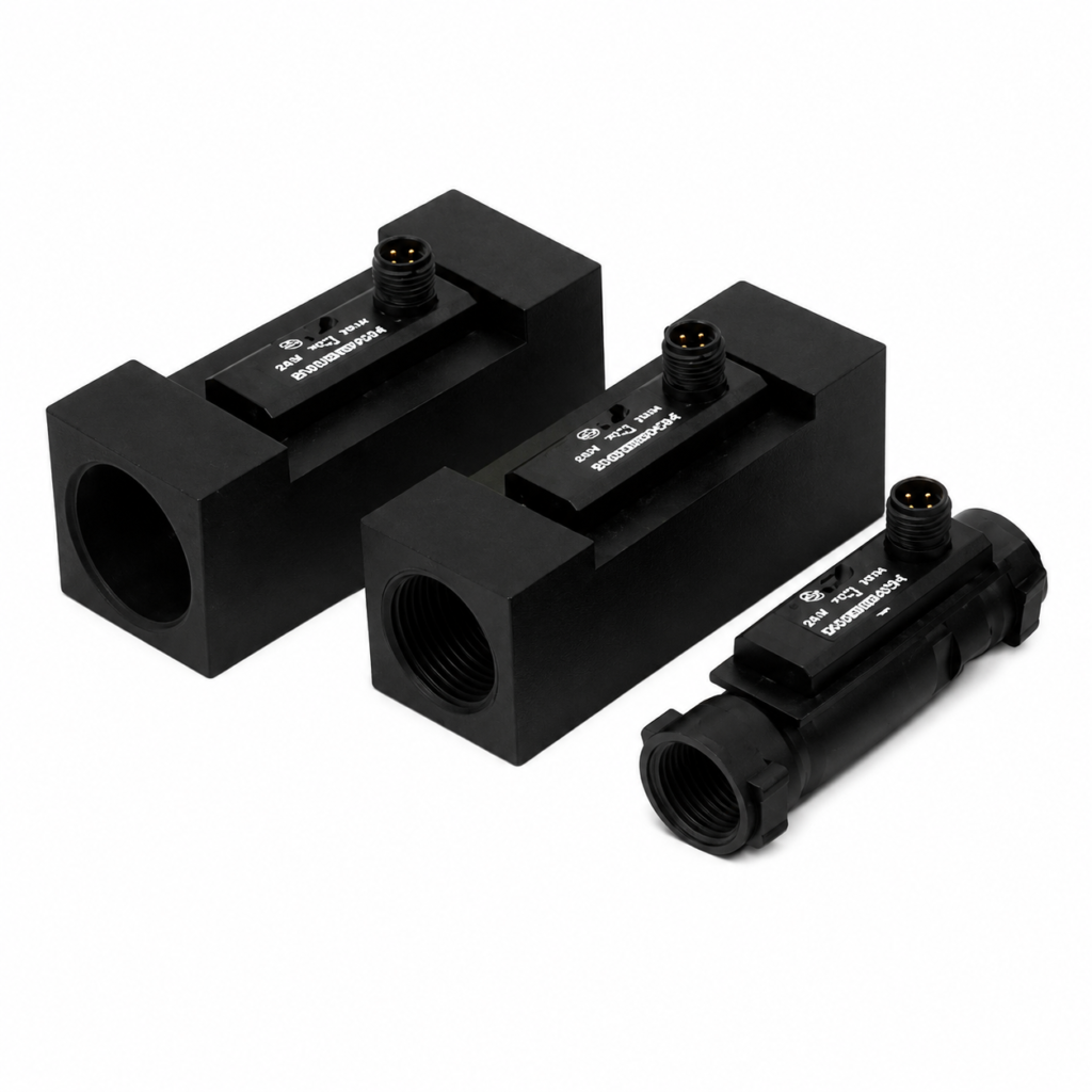 Three black FW1-...GP flow switches in different inline housing configurations, featuring threaded process connections and M12 electrical connectors for reliable liquid flow monitoring in industrial applications.