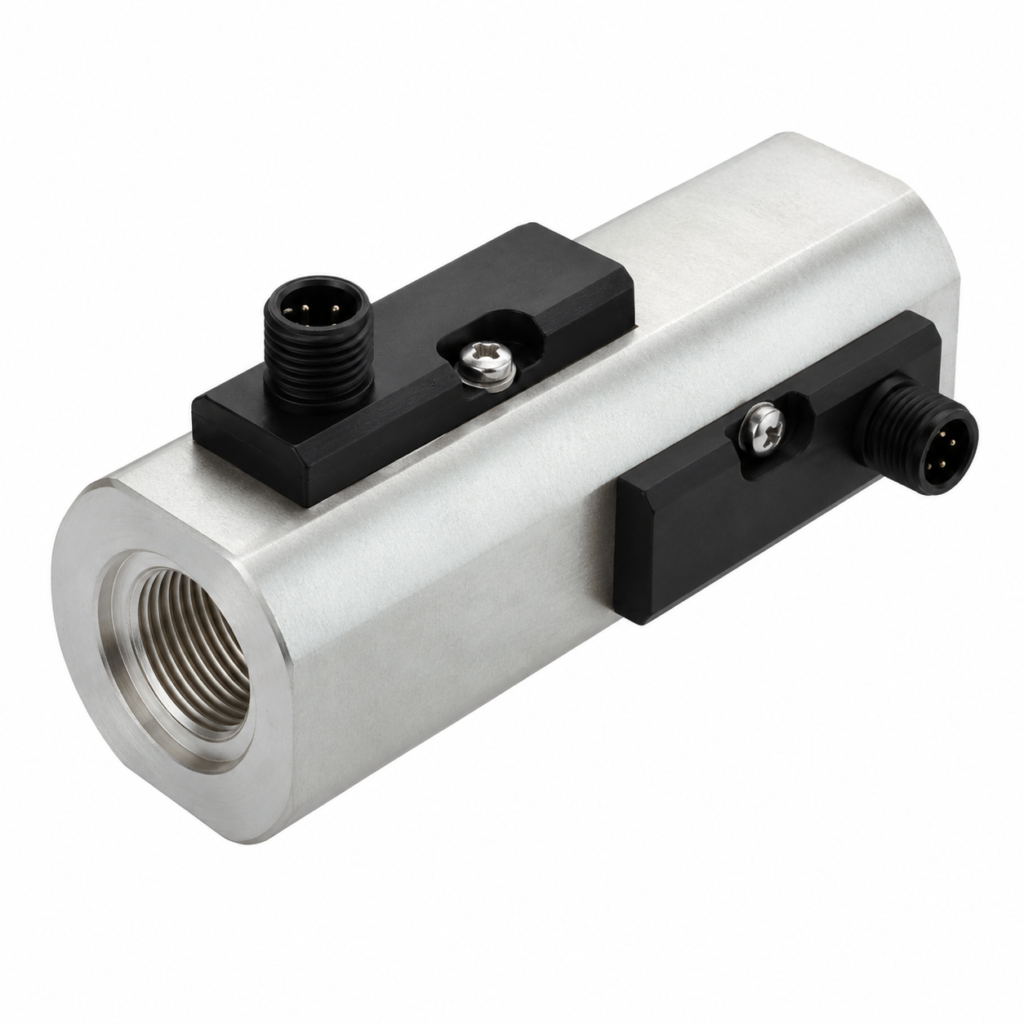 Stainless steel FW4V inline flow switch with dual compact electronic sensor modules mounted on opposite sides of the housing, featuring M12 connectors for accurate bidirectional liquid flow detection in industrial process systems.