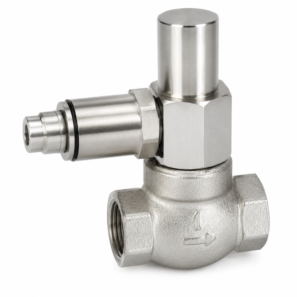 Flow Switch G-…GR featuring a compact stainless steel sensing assembly mounted on a right-angle threaded valve body with female process connections, designed for reliable flow detection and monitoring in industrial liquid and process systems.