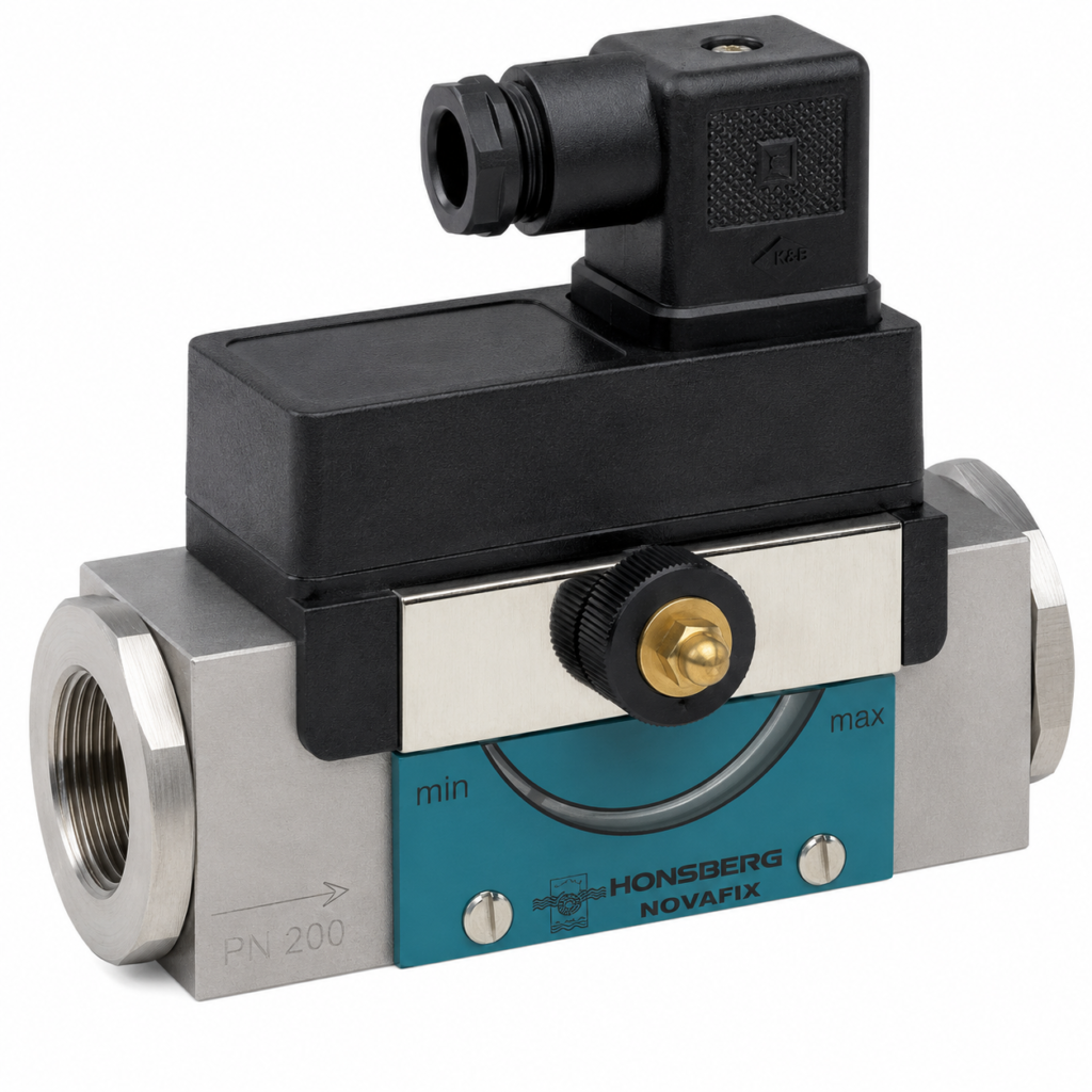 Stainless steel HD1K flow switch with a compact rectangular body, threaded process connections, and a top-mounted electronic switching module with a DIN connector. The device features a front adjustment knob with a visible minimum-to-maximum switching scale, a transparent viewing window, engraved flow direction arrow, PN 200 pressure rating, and a NOVAFIX indicator panel. Designed for precise flow monitoring and adjustable switching in industrial liquid systems.
