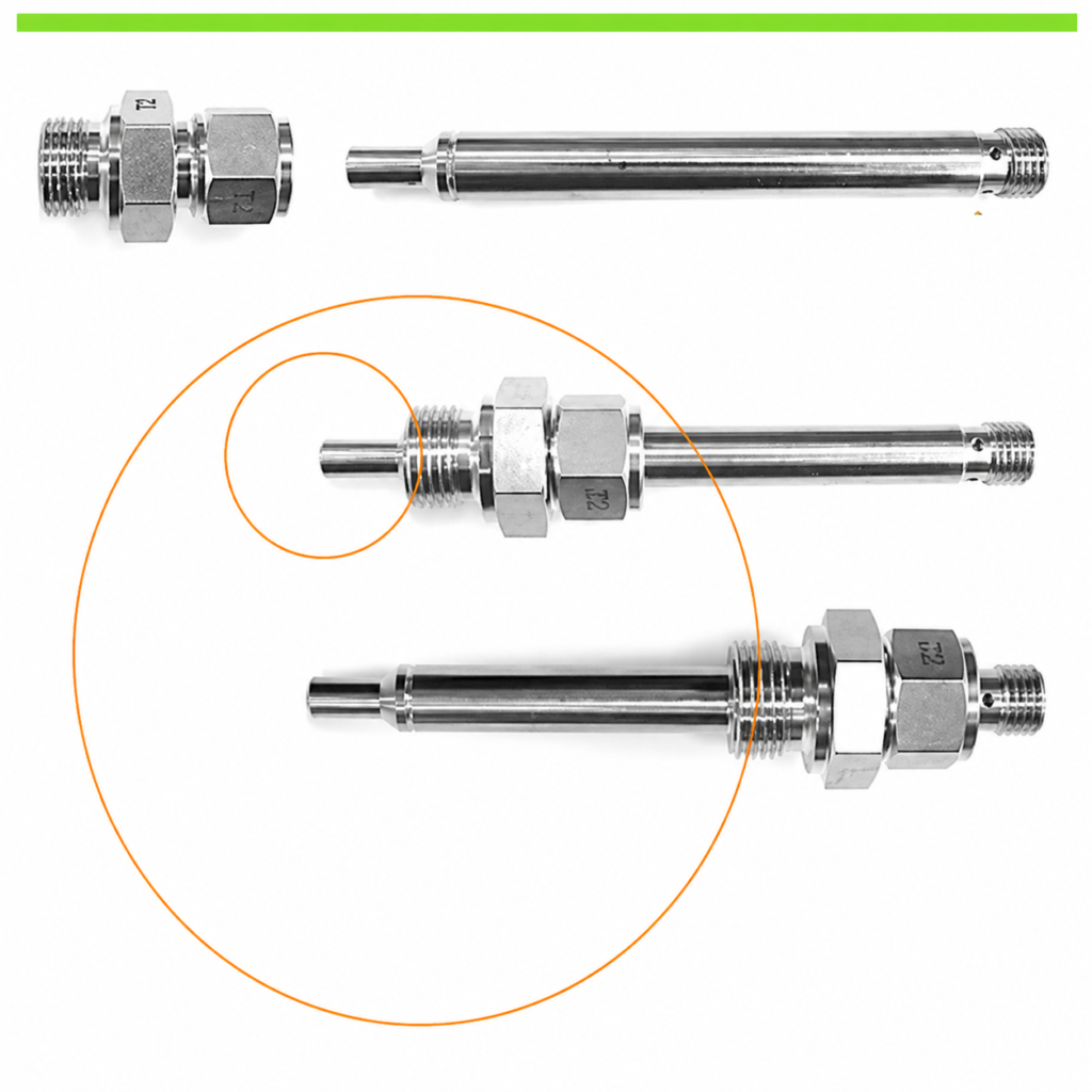 Stainless steel LABO-F012-S flow switch sensor with threaded fittings and probe, shown in multiple assembly and installation configurations.