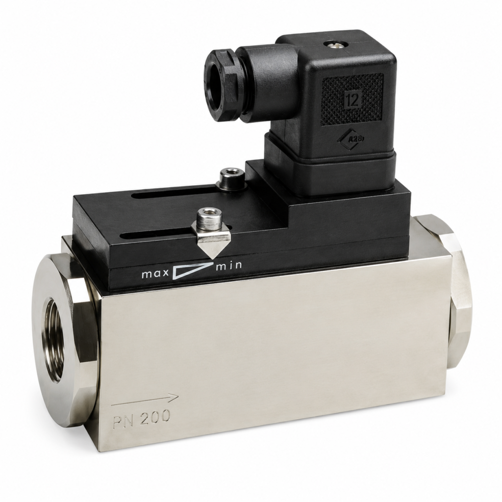 MR1K stainless steel flow switch with adjustable switching point, DIN electrical connector, and threaded process connections for industrial flow monitoring.