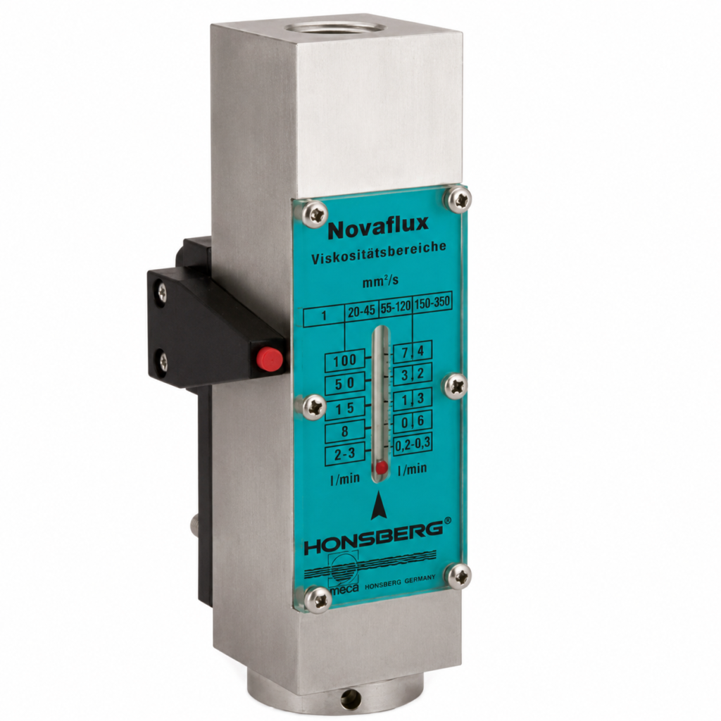 Stainless steel NJ/NJV flow switch with a Novaflux flow indicator, adjustable side switch module, and vertical threaded connections for industrial liquid flow monitoring.