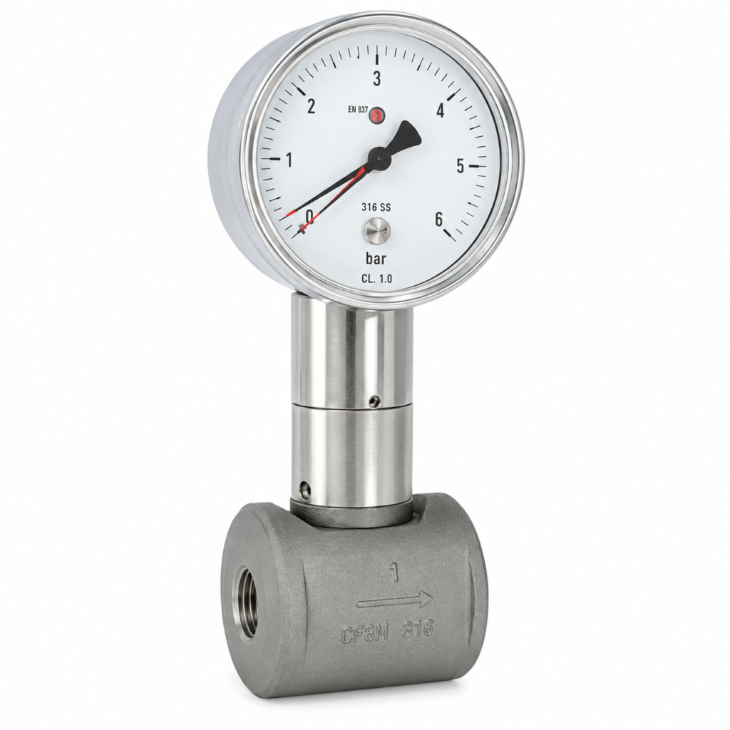 Industrial Flow Switch TZ1-…GK with an integrated analog dial indicator mounted on a compact stainless steel flow body. The device features a circular pressure-style gauge with a 0–6 bar scale, a brushed metal stem, and a threaded inline housing marked with a flow direction arrow, designed for reliable flow monitoring in industrial liquid systems.