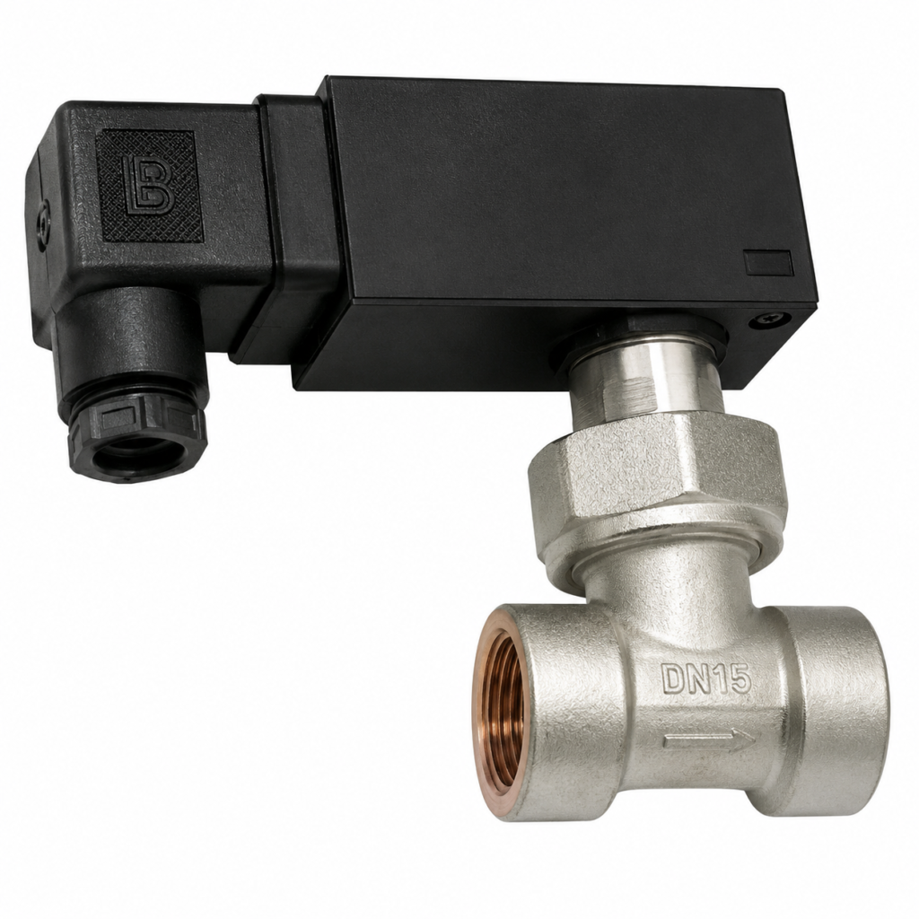 Flow switch UM3K-…G/A with a compact black electronic housing, angled connector, and DN15 threaded metal flow body for industrial liquid flow monitoring.