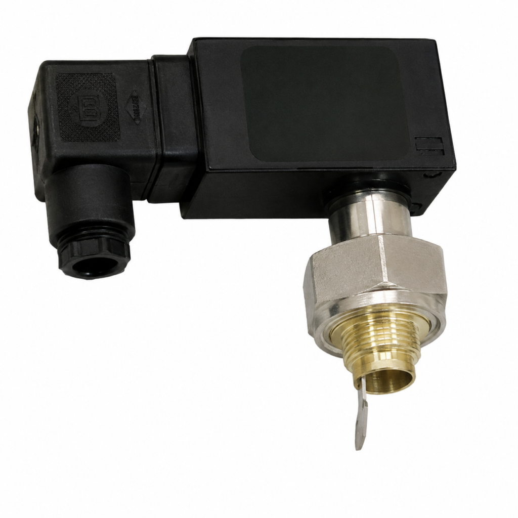 Flow Switch UM3K-…V with a compact black electronic housing, right-angle connector, threaded brass process connection, and integrated paddle sensor for industrial flow monitoring.