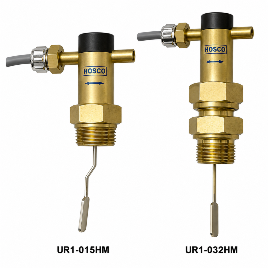 Flow Switch UR1-...H shown in two variants with brass housing, threaded connection, stainless steel paddle sensor, and cable outlet for reliable liquid flow monitoring.