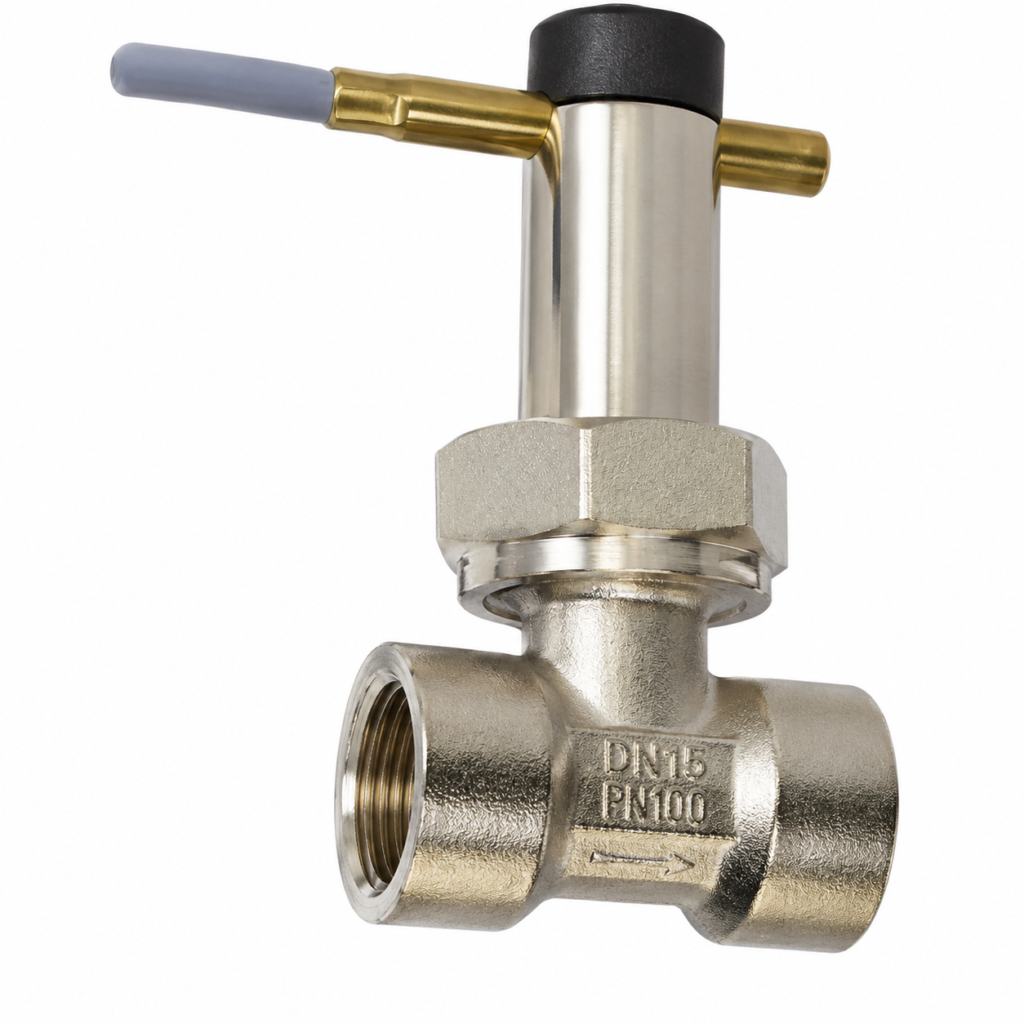 Flow switch UR1-/UR2…G/A with a stainless steel housing, brass sensor tube, and threaded DN15 process connection for reliable liquid flow monitoring.