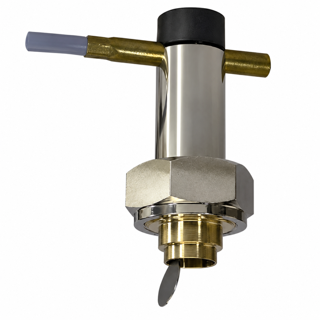 Flow Switch UR1-/UR2…V with stainless steel housing, brass process connection, integrated paddle sensor, and cable connection for accurate liquid flow monitoring.