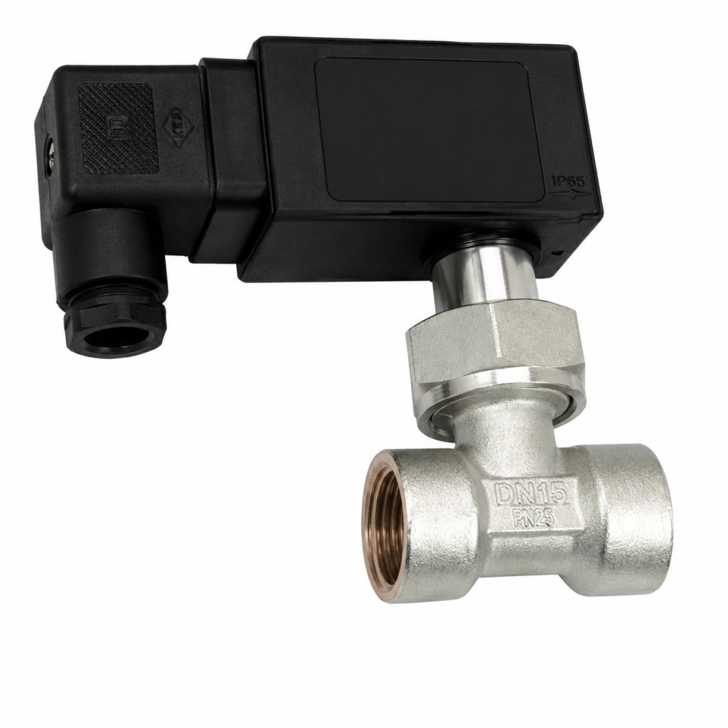 Flow Switch UR3K-…G/A with compact electronic housing, threaded DN15 process connection, and integrated flow sensor for reliable monitoring and switching of liquid flow.