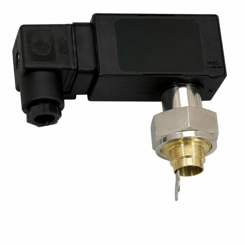 Flow Switch UR3K-…V with compact IP65-rated electronic housing, stainless steel process connection, brass threaded fitting, and integrated paddle sensor for reliable flow monitoring in liquid systems.