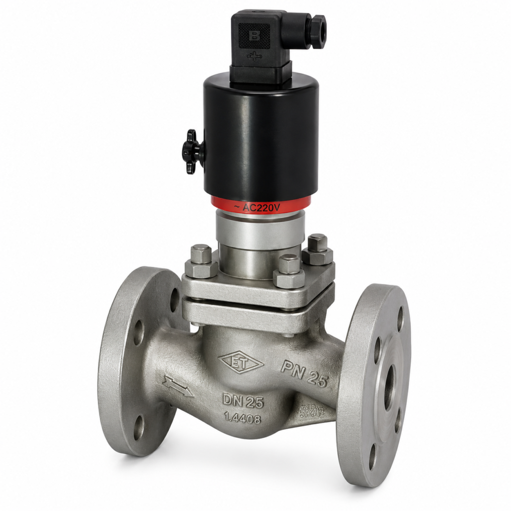 Flow Switch VD-…FT with an AC220V solenoid actuator mounted on a flanged industrial valve body. The unit features a black cylindrical actuator with an electrical connector, rugged bolted construction, DN25 flange connections, and a cast flow direction arrow, making it suitable for automated flow monitoring and switching in industrial liquid and gas pipeline systems.