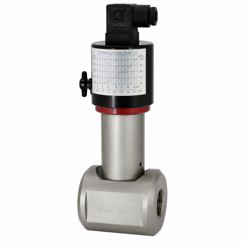 Flow Switch VD-…GK with an integrated electronic transducer mounted on a compact inline valve body. The device features a black cylindrical housing with an electrical connector, calibration chart label, stainless steel mounting tube, and threaded process connections, making it suitable for precise industrial flow monitoring and switching in high-pressure liquid and gas applications.