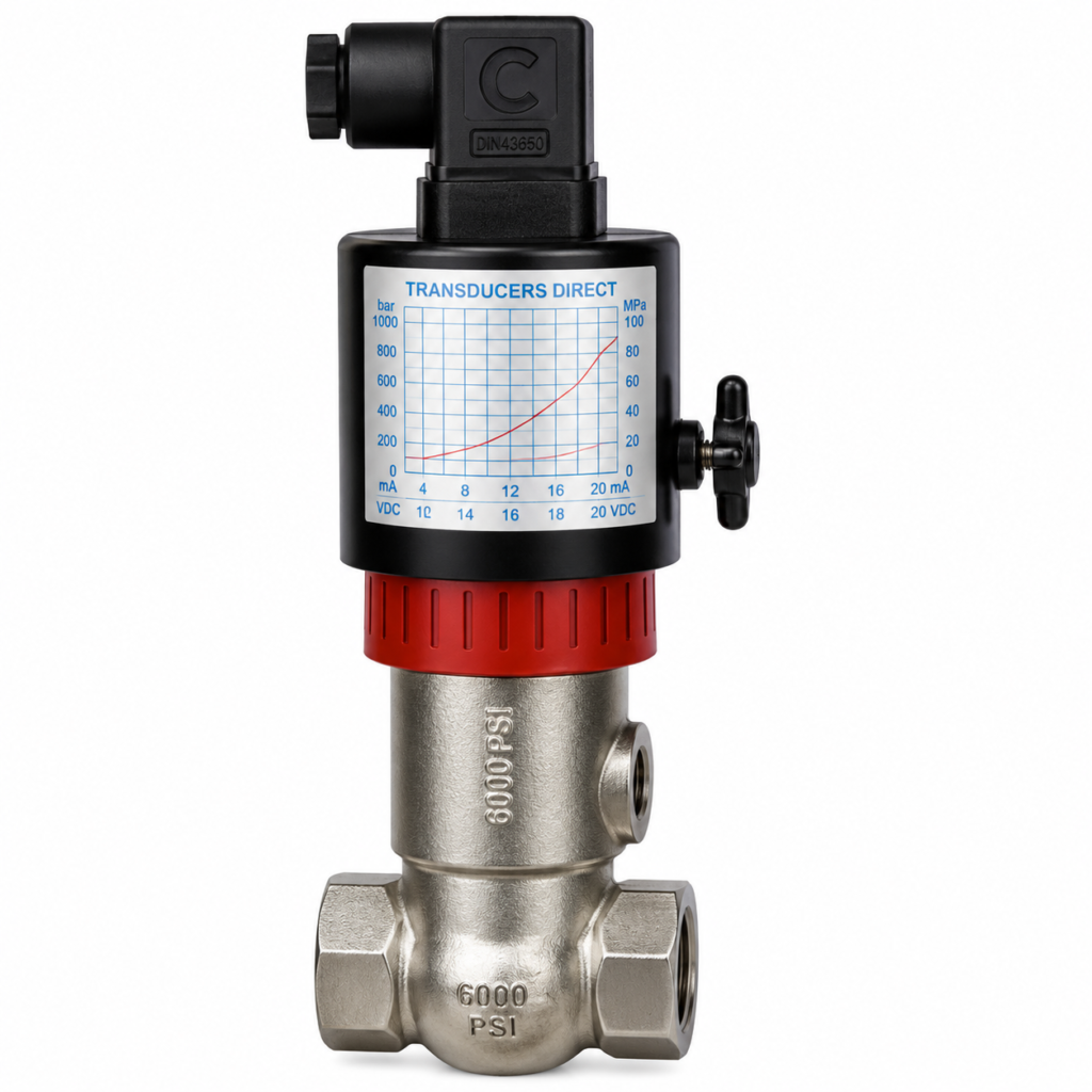 Front view of the Flow Switch VD-…GR, featuring a stainless steel inline flow body with female threaded process connections and a vertical electronic monitoring module. The device includes a black housing with an integrated electrical connector, a calibration chart label, an adjustment knob on the side, and a red accent ring above the valve body. Rated for high-pressure applications up to 6000 PSI, it is designed for accurate flow monitoring and industrial process control.