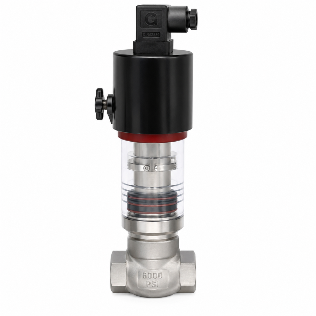 Front view of the Flow Switch VDO-…GR, featuring a compact inline design with a black cylindrical electronic housing mounted on top and a right-angle DIN 43650 electrical connector. A side adjustment knob is located on the left of the housing, while a transparent central chamber reveals the internal stainless-steel piston assembly and multiple sealing rings. The lower body is made of stainless steel with female threaded process connections on both sides and is clearly marked “6000 PSI.” The product is shown against a plain light gray background, emphasizing its industrial construction and visible internal flow mechanism.