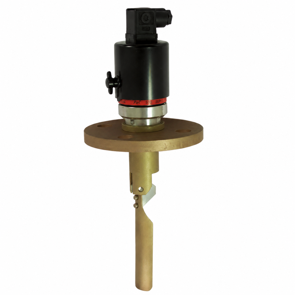 Flow Switch VM-…E with adjustable paddle sensor, flanged process connection, and robust electrical switch housing for reliable flow monitoring and control in industrial liquid systems.