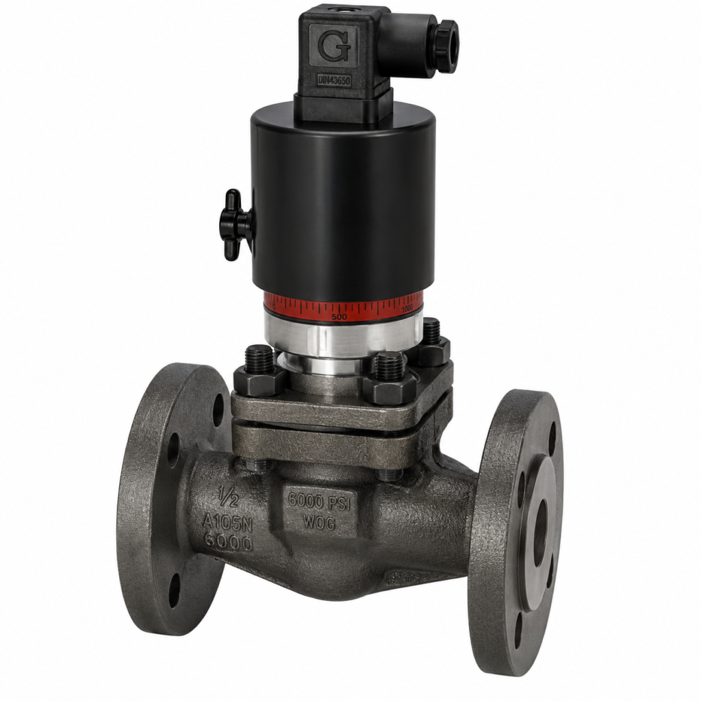 Flow Switch VM-…FG with a flanged metal body, black cylindrical actuator housing, DIN 43650 electrical connector, side adjustment knob, and a red calibration ring mounted on top. The valve body features bolted flanges and industrial pressure markings, shown against a light gray background.