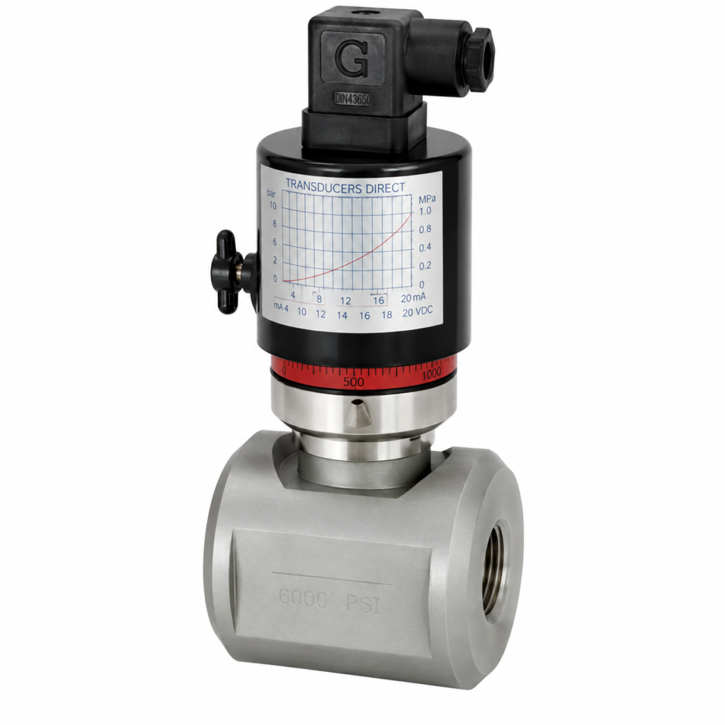 Flow Switch VM-…GK with a black cylindrical electronic housing, DIN 43650 electrical connector, side adjustment knob, red calibration ring, and integrated indicator label mounted on a stainless-steel inline body with female threaded ports and a 6000 PSI pressure rating.
