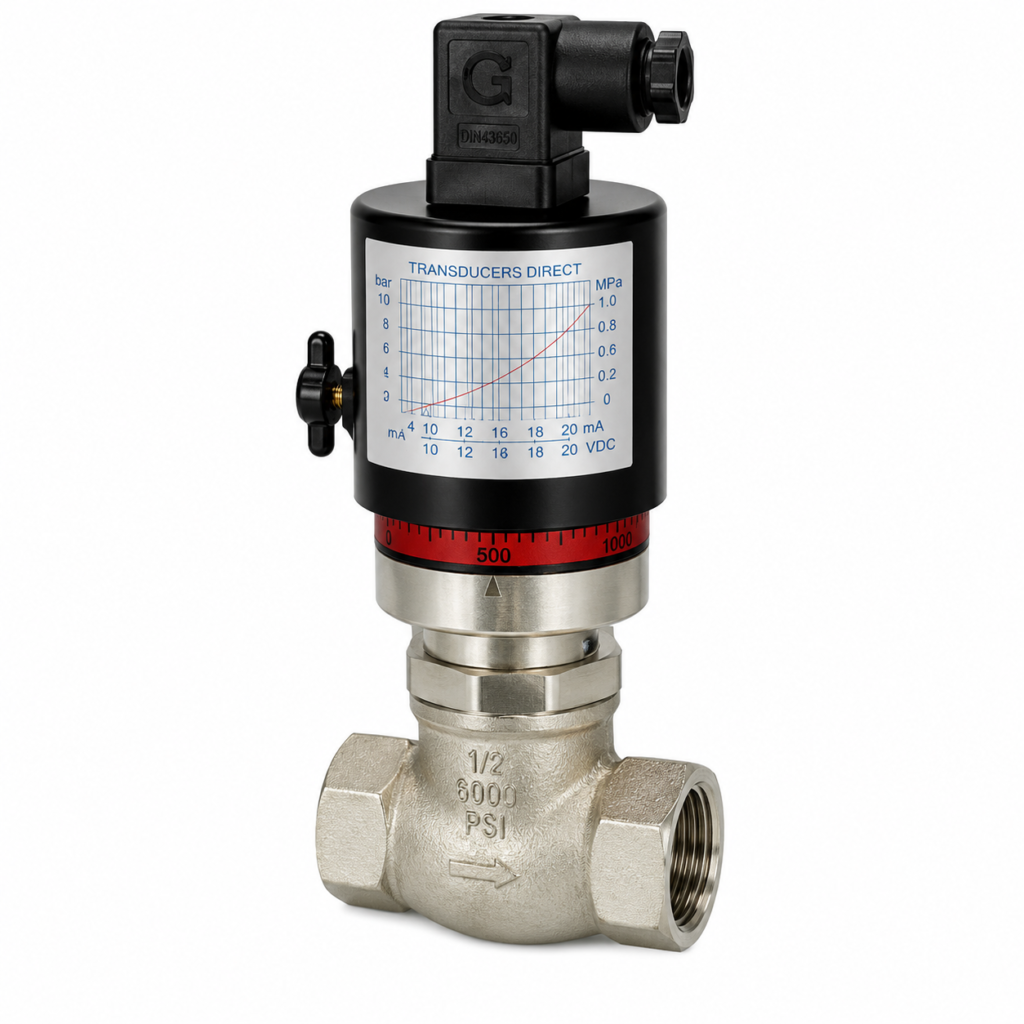 Flow Switch VM-…GR with a black cylindrical electronic housing, DIN 43650 electrical connector, side adjustment knob, red calibration ring, and integrated indicator label mounted on a stainless-steel inline valve body with female threaded ports and 6000 PSI marking.