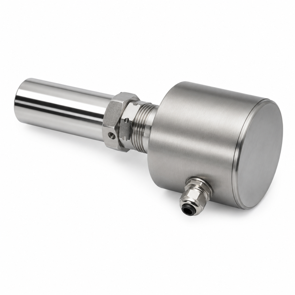 Stainless steel FIS flow transmitter with a cylindrical sensing probe, rugged housing, and electrical cable gland for industrial flow measurement applications.