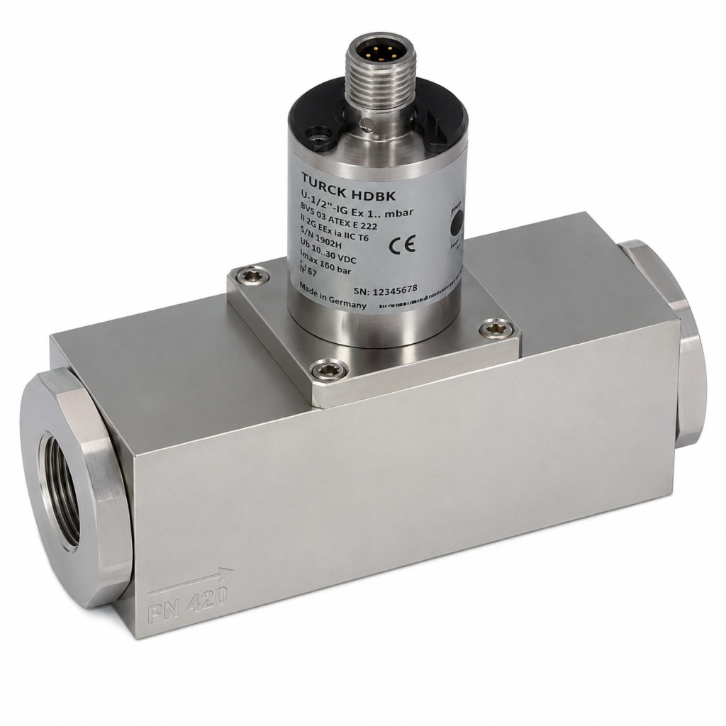 Flow transmitter FLEX-HD1K with a stainless steel sensor head mounted on a compact stainless steel flow body, featuring an M12 electrical connector and threaded process connections for industrial flow measurement.
