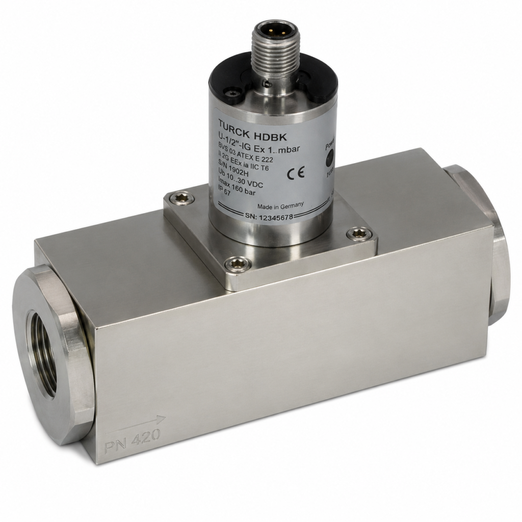 Flow transmitter FLEX-HD2K with a stainless steel inline flow body, integrated cylindrical transmitter, M12 connector, and high-pressure PN420-rated design.