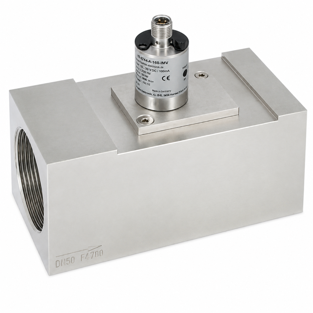Flow transmitter FLEX-HR1MV with a stainless steel inline flow body, integrated cylindrical transmitter, M12 connector, and large DN50 threaded process connection.