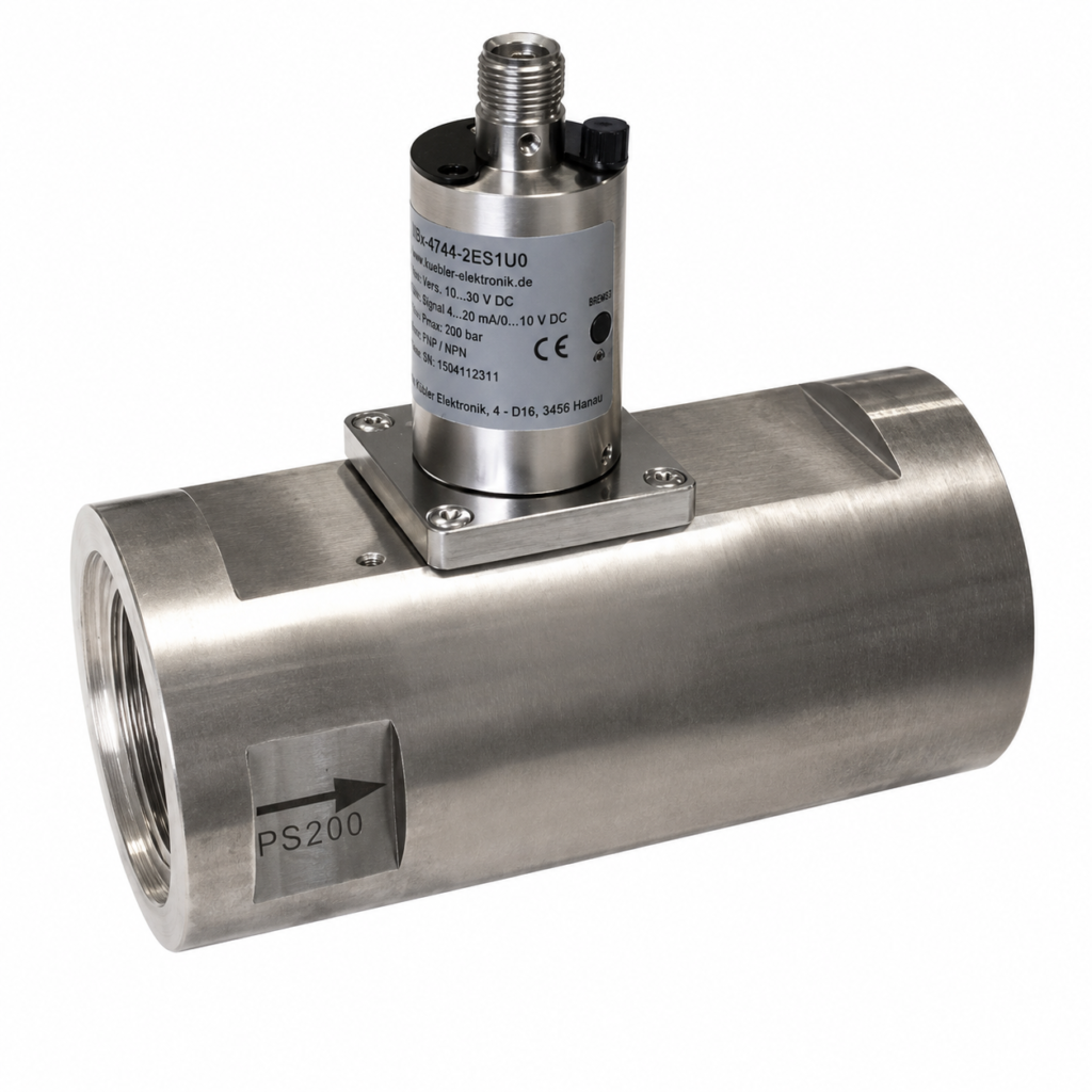 Flow transmitter FLEX-HR2E with a stainless steel inline flow body, integrated electronic transmitter, threaded process connection, and industrial M12 connector.