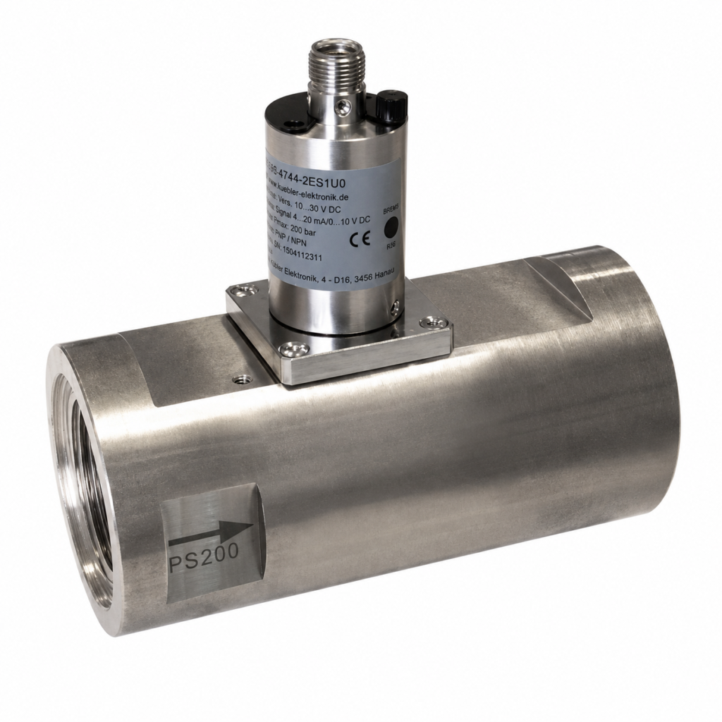 Flow transmitter FLEX-HR2VE with a stainless steel inline flow body, integrated electronic transmitter, threaded process connection, and M12 connector for industrial flow monitoring.