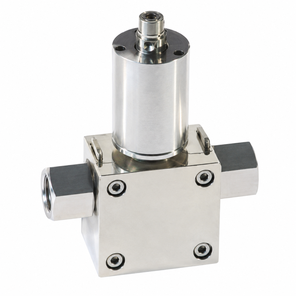 Stainless steel FLEX-RRH flow transmitter with a compact block-style housing, threaded process connections on both sides, and a cylindrical sensor module mounted on top for industrial flow measurement applications.