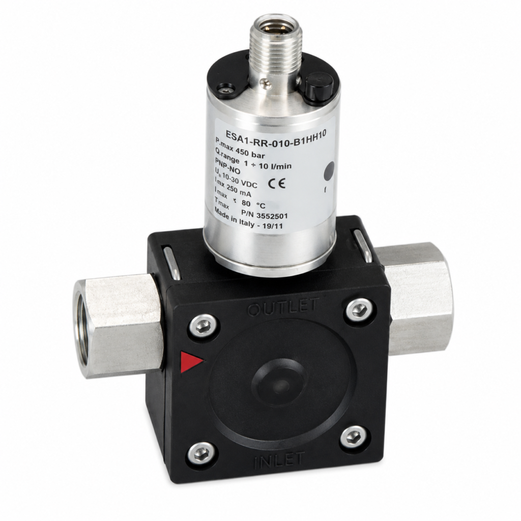 Compact FLEX-RRI flow transmitter with a black flow sensor housing, stainless steel threaded process connections, and a cylindrical electronic transmitter mounted on top for precise industrial flow measurement and monitoring.