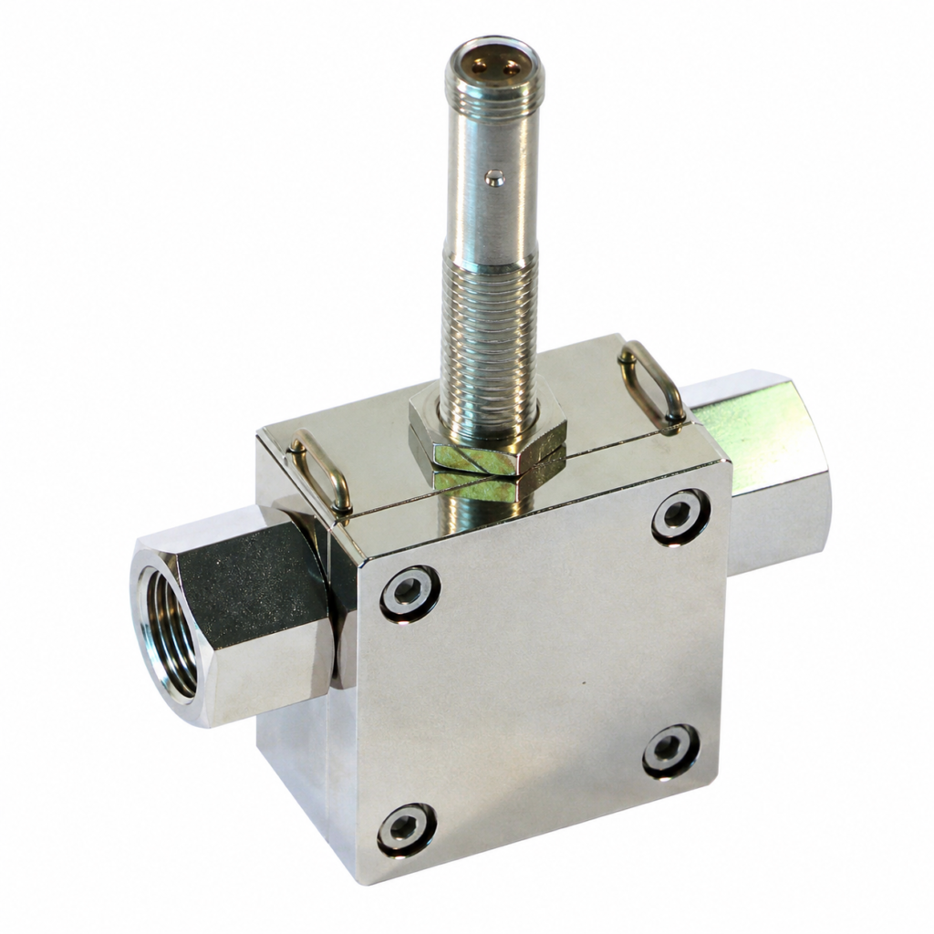 Compact LABO-RRH-IUFC flow transmitter with a stainless steel block housing, threaded process connections, and integrated sensor probe for precise industrial flow monitoring and control.