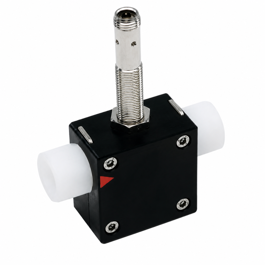 Compact LABO-RRI-I/U/F/C flow transmitter with a black housing, integrated M12 sensor probe, and white process connections, designed for precise flow measurement and monitoring in industrial liquid systems.