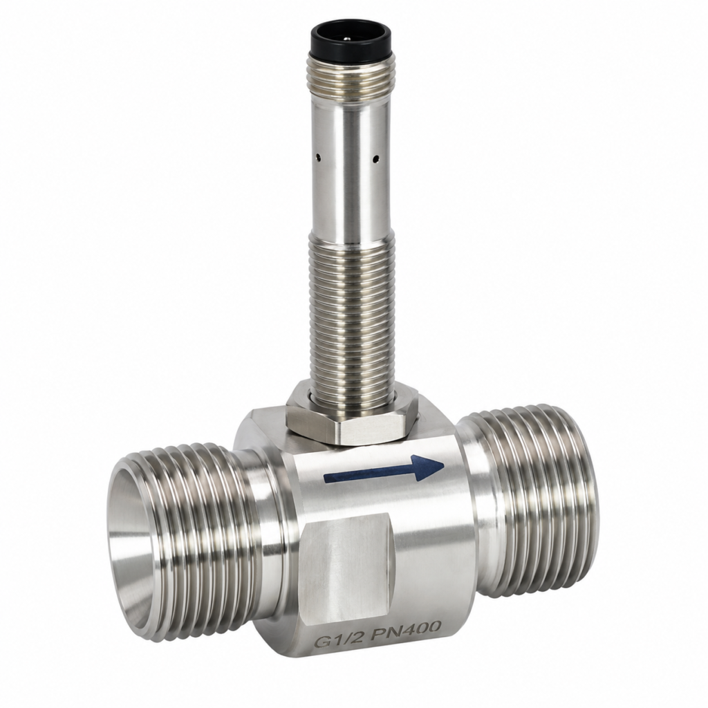 Stainless steel LABO-RT-C flow transmitter with threaded process connections, integrated sensor probe, and directional flow arrow.