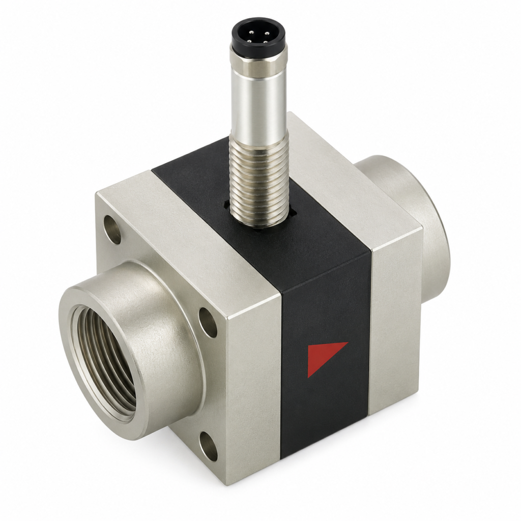 Flow transmitter LABO-XF-I/U/F/C with threaded metal process connections, compact rectangular housing, and top-mounted sensor probe connector.