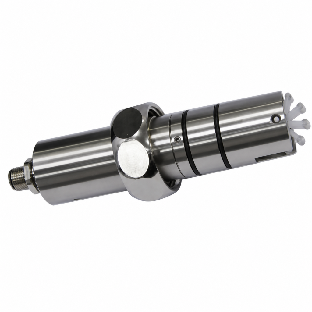 Stainless steel RRH-032 flow transmitter with threaded connection, cylindrical sensor body, and integrated flow sensing element for industrial liquid flow measurement.