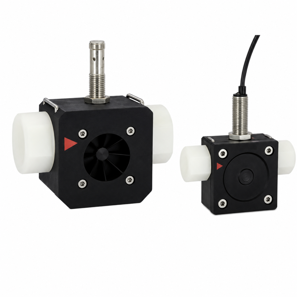 Compact RRI-010/025 flow transmitter with turbine sensor, threaded probe connection, and plastic flow housing for liquid flow monitoring applications.