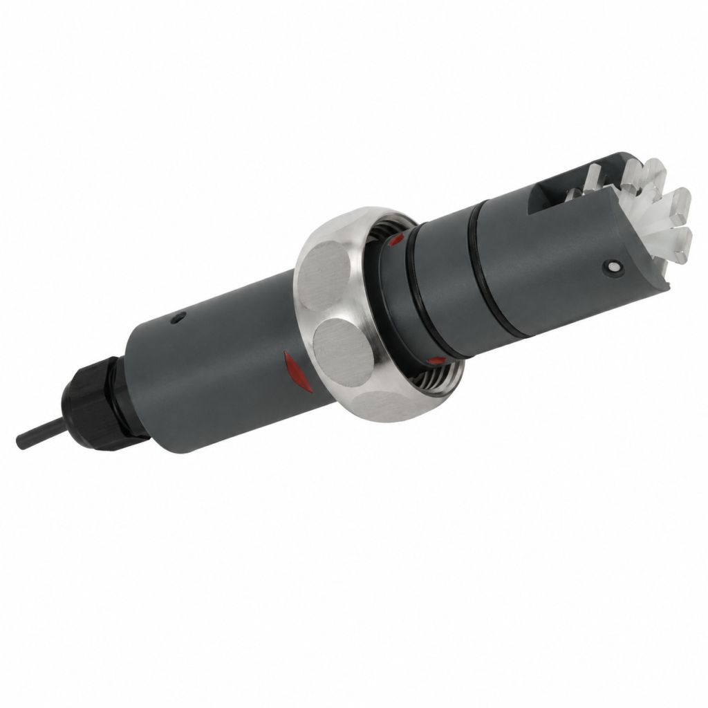 Compact RRI-032 flow transmitter with cylindrical sensor body, flange mounting ring, and integrated rotor sensing element for precise liquid flow measurement.