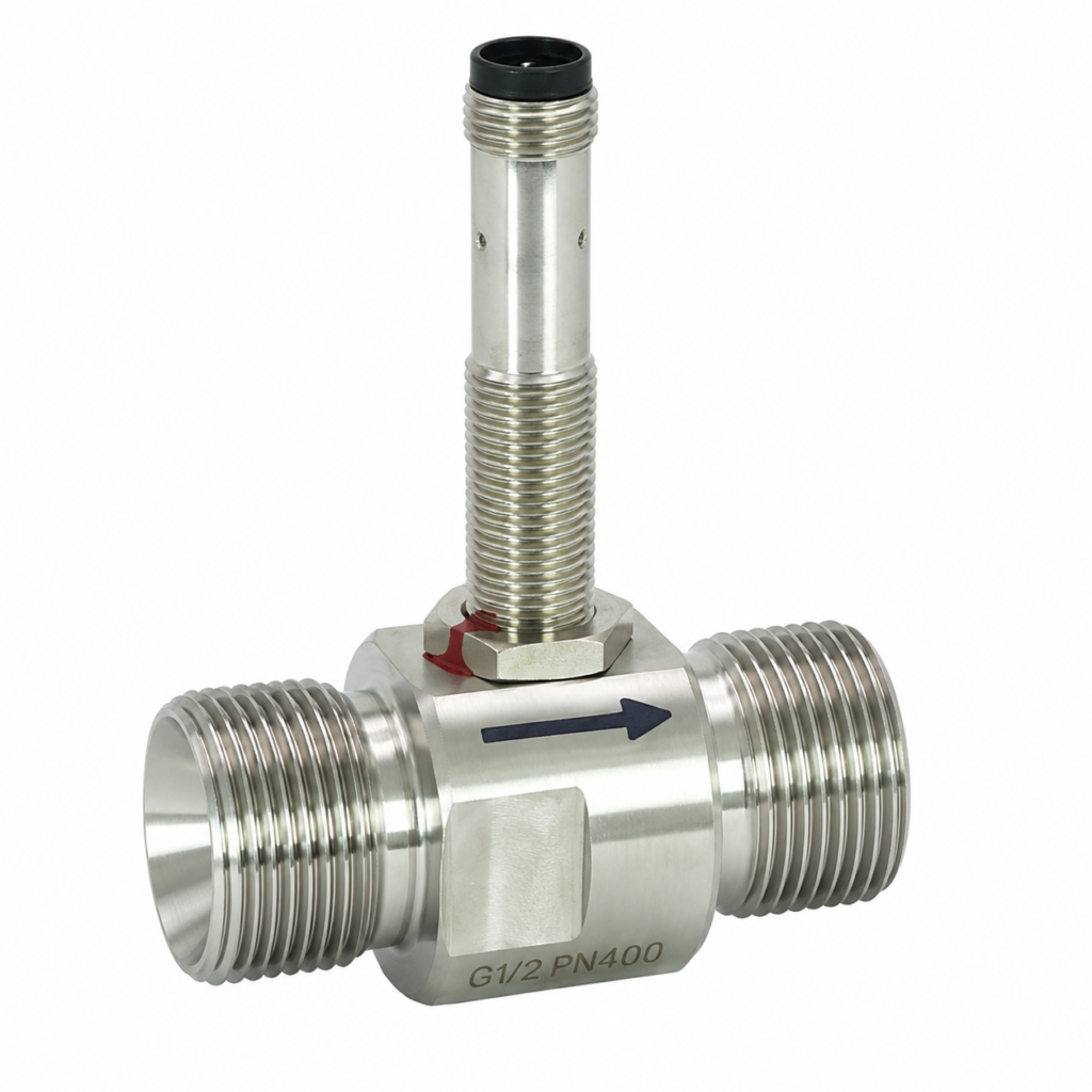 Stainless steel RT flow transmitter with threaded process connections, M12 connector stem, and engraved flow direction arrow.