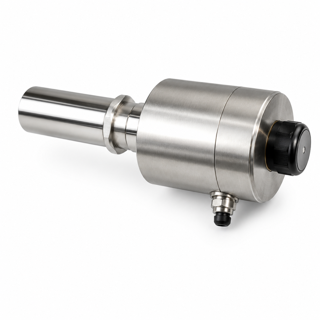 Stainless steel OMNI-FIS flow transmitter with LCD featuring a cylindrical insertion probe, compact housing, and cable connector for industrial airflow monitoring.
