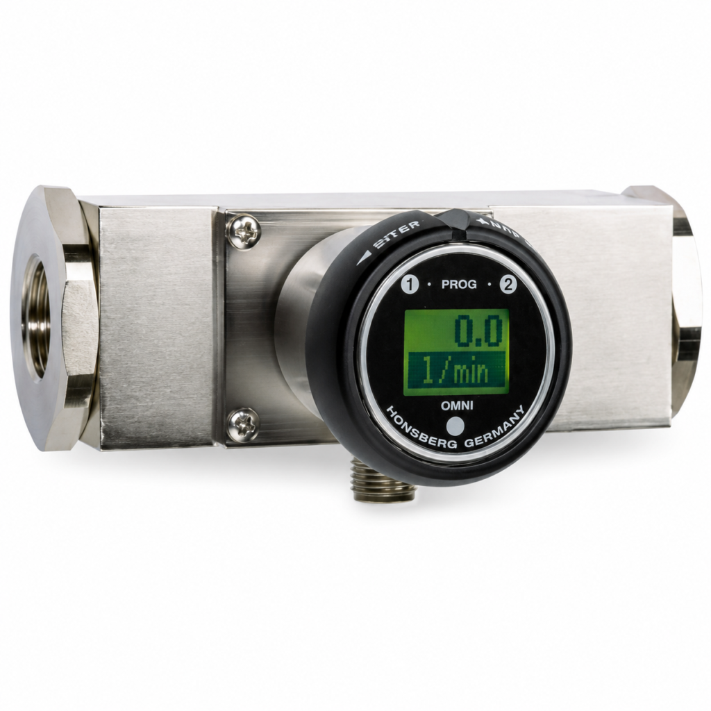 Stainless steel OMNI-HD1K flow transmitter with integrated LCD display showing flow rate, inline threaded connections, and programmable output indicators.
