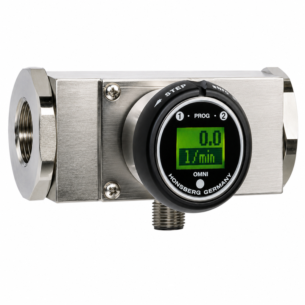 Stainless steel OMNI-HD2K flow transmitter with integrated LCD display showing flow rate, inline threaded connections, and programmable output indicators.